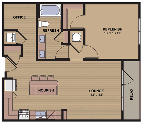 Floor plan for 1 bed, 1 bath, 855 sqft